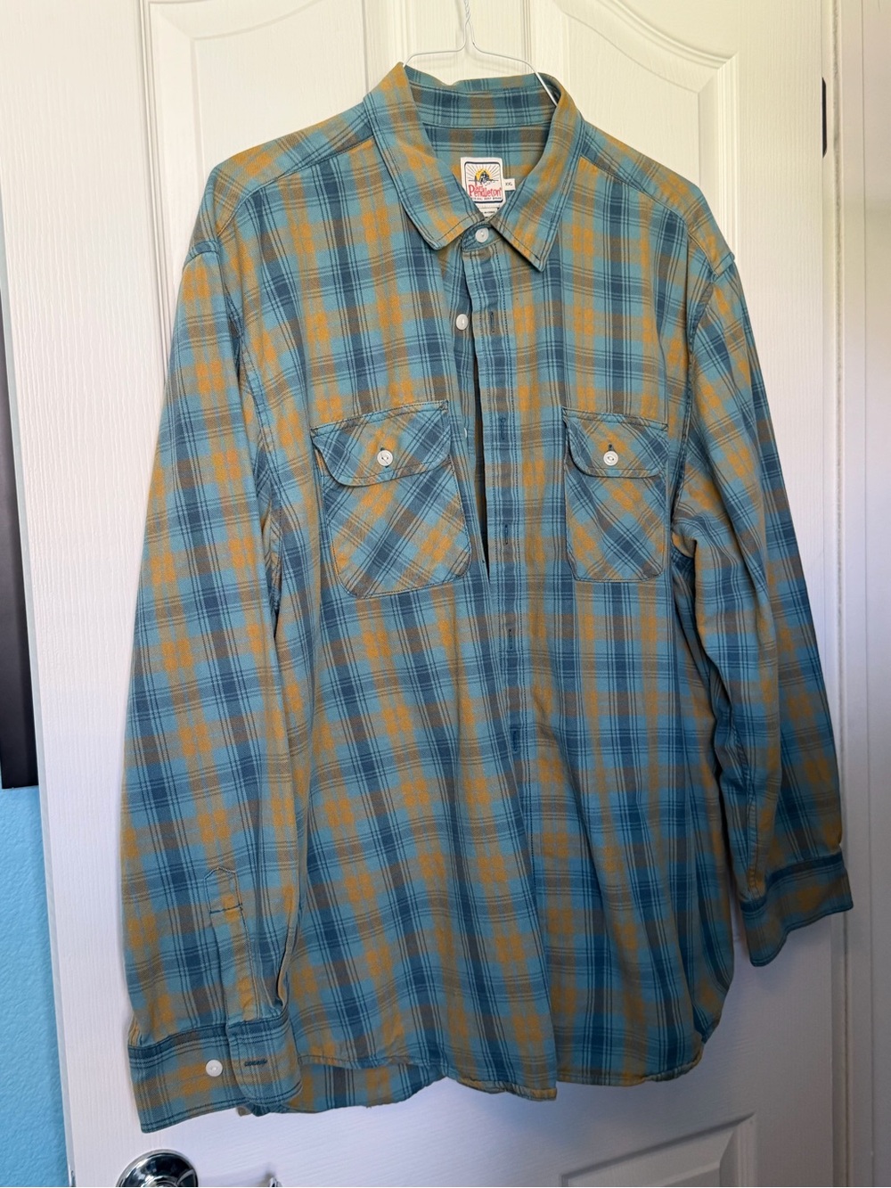 Pendleton Teal and Mustard Plaid Button-Front Flannel Shirt